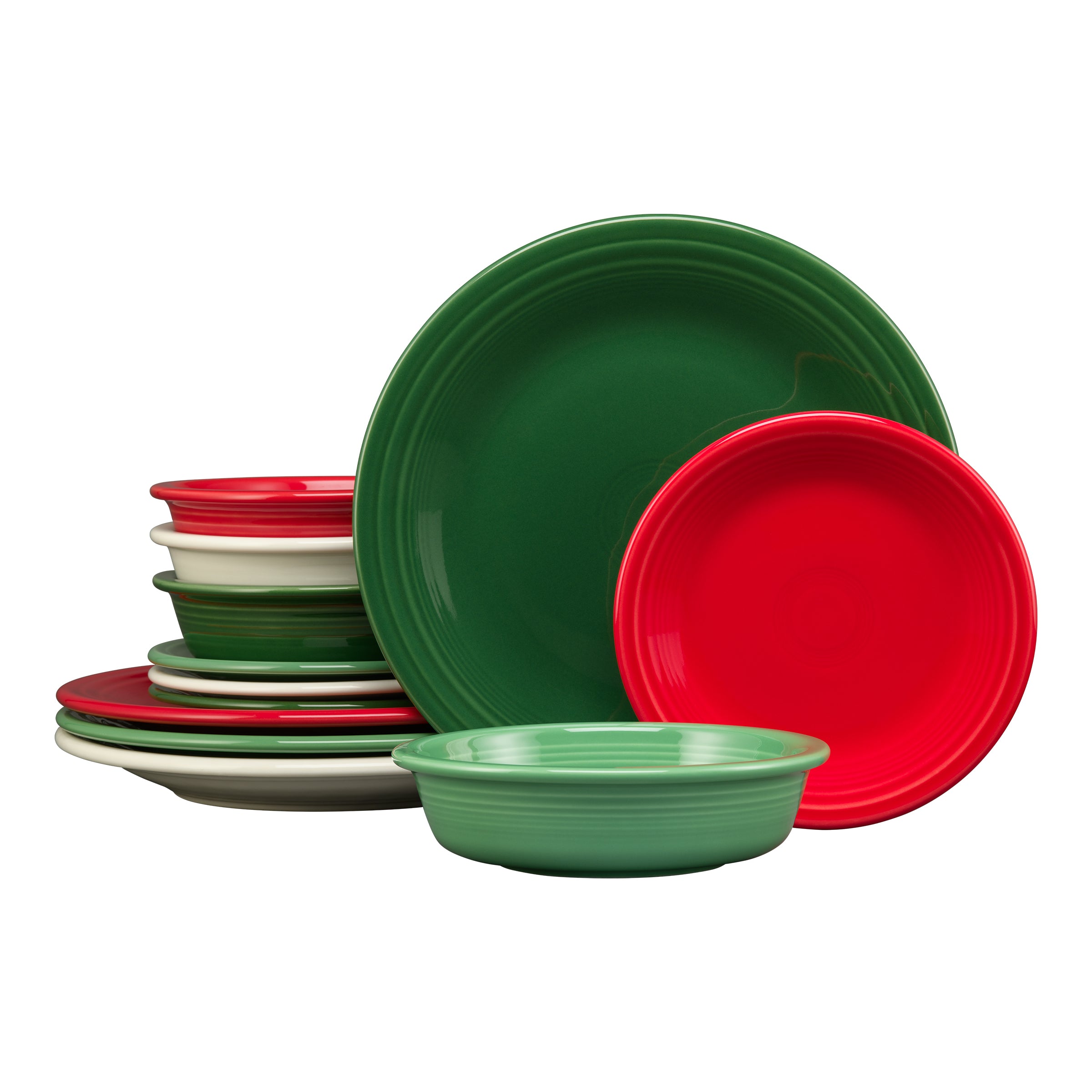 Christmas Mixed Color Classic Rim 12-Piece Dinnerware Set. Service for 4