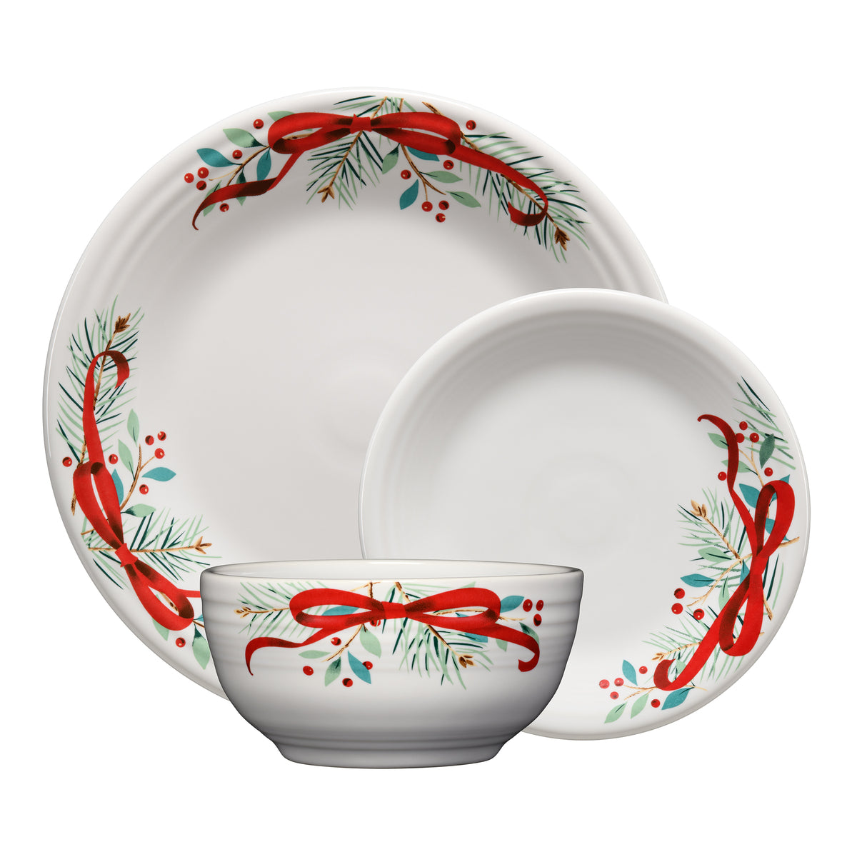 Holly Berry Christmas Garland Classic Bistro Coupe 3-Piece Dinnerware Set. Service for 1