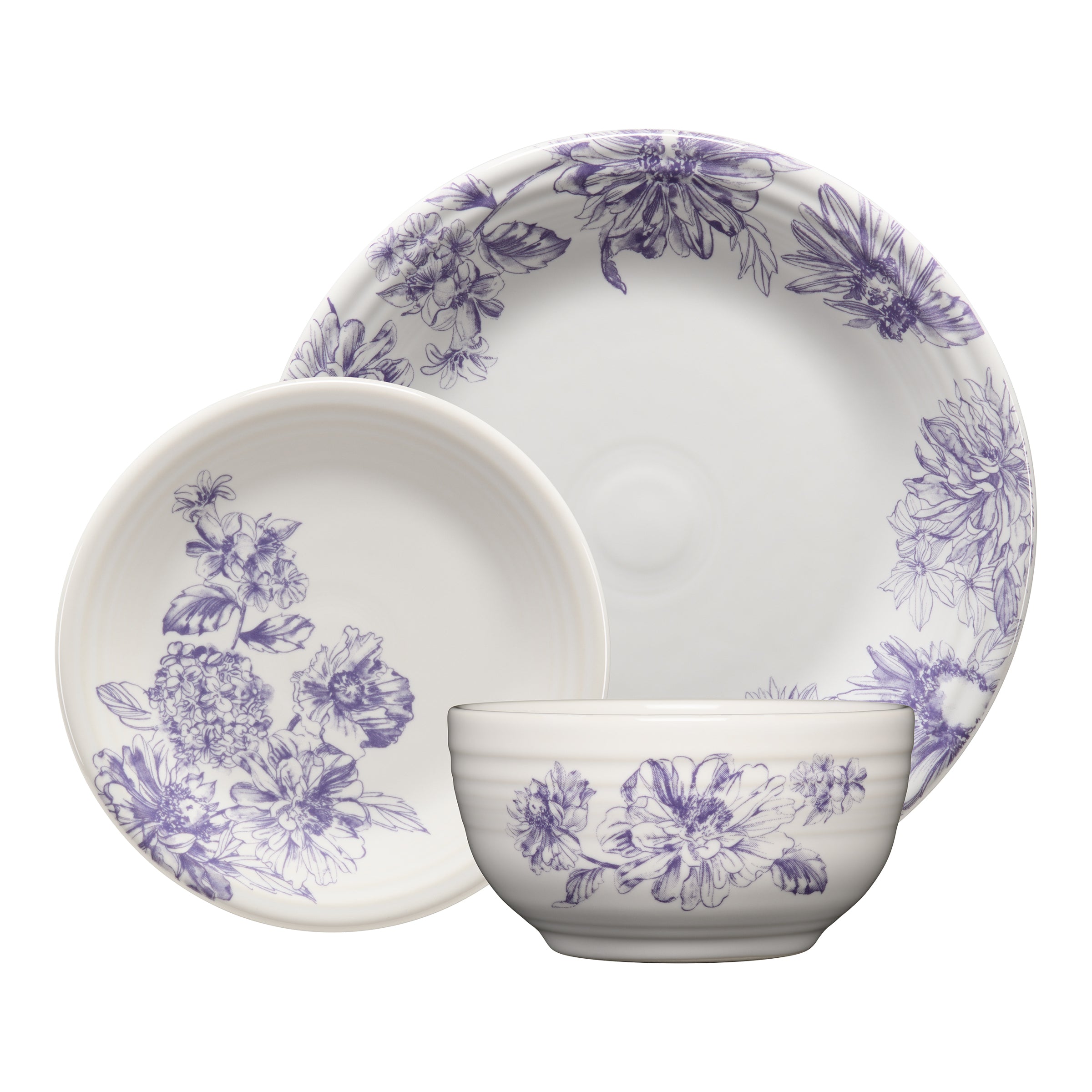 Botanical Floral Lavender Classic Bistro 3-Piece Dinnerware Set. Service For 1