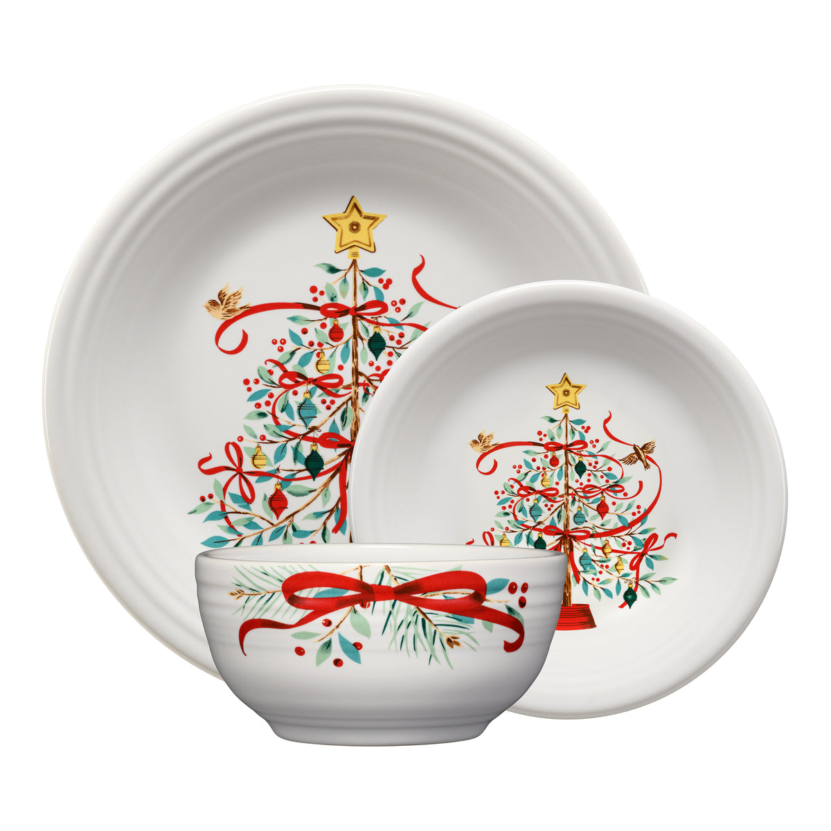 Holly Berry Christmas Tree Classic Bistro 3-Piece Dinnerware Set. Service For 1