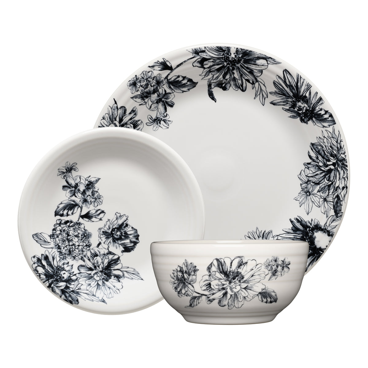 Botanical Floral Black Classic Bistro 3-Piece Dinnerware Set. Service For 1