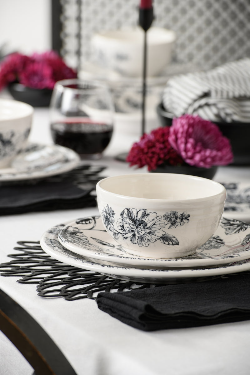 Botanical Floral Black Classic Bistro 3-Piece Dinnerware Set. Service For 1 - Image 2